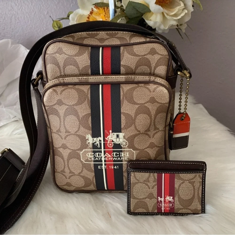 Vintage Coach Tan Messenger Bag with Red and Black Stripes